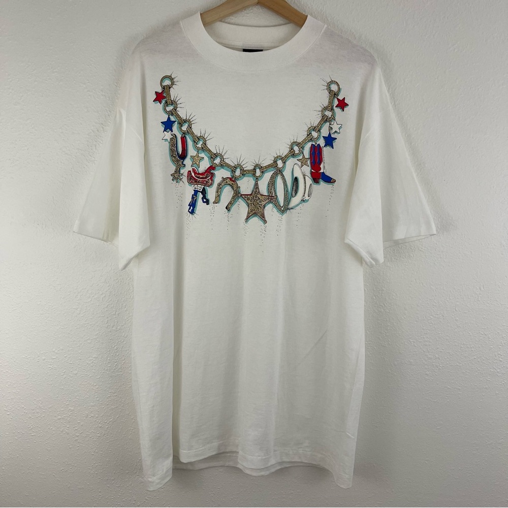 Vintage 1993 White Single Stitch Western Cowboy Glitter Short Sleeve Graphic Tee